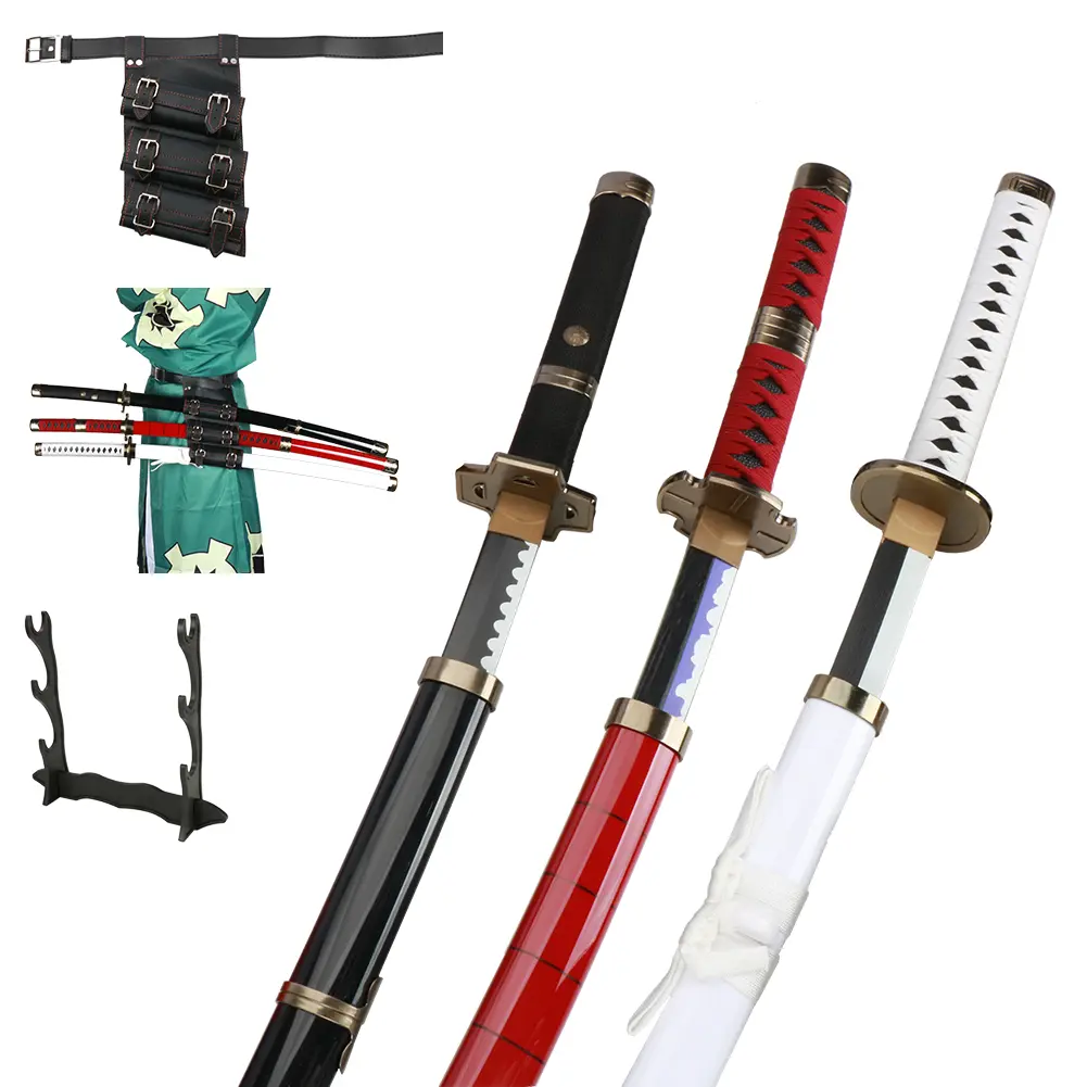 ELERVINO 41-in Bamboo Wooden Roronoa Zoro Cosplay Katana Set - Yubashiri, Wado Ichimonji, Sandai Kitetsu Replicas with Black Belt Stand Display, Toy Sword for Halloween, Birthday, Christmas, New Year Gifts, Birthday Halloween Christmas Gift New Year