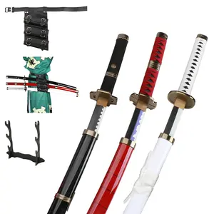 ELERVINO 41 inches Bamboo Wooden Roronoa Zoro Cosplay Sword Set, Yubashiri Wado Ichimonji Sandai Kitetsu Swords with Black Belt Stand Display for Halloween Anime Role Playing Props Cosplay Collection Decoration Christmas Gift Birthday Decoration