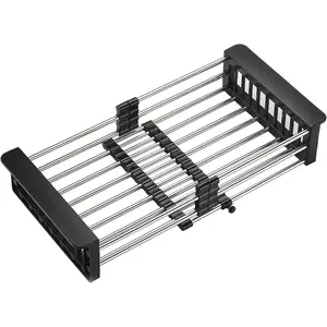 Multi-Function Retractable Sink Dish Drying Rack, Stainless Drainer for 10.7"-17" Sinks, Countertop Organizer for Dishes, Vegetables, and Fruits (Black & Small)