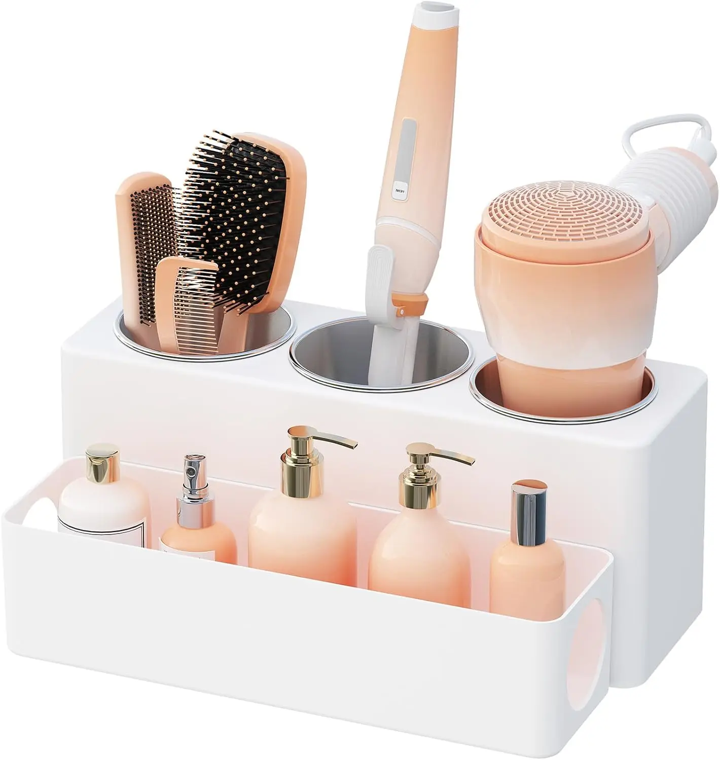 Hair Tool Organizer for Countertop – Removable Blow Dryer & Hot Tool Holder with 3 Stainless Cups, Acrylic Storage for Brushes, Straighteners, and Curling Irons (White, 12")