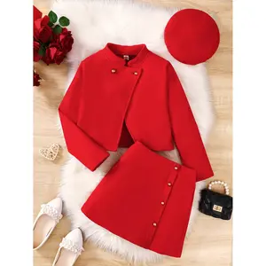 Ready Stock 7-14Y Big Girls Christmas New Years Outfit Mandarin Collar Coat Buttons Skirts Beret Princess Skirt Set for Photo Shoot 42408117