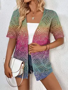 Spring/Summer, elegant commute, vacation seaside bohemian style, contrast color-block print, short-sleeve women's stretch knitted cardigan, vest cover-up