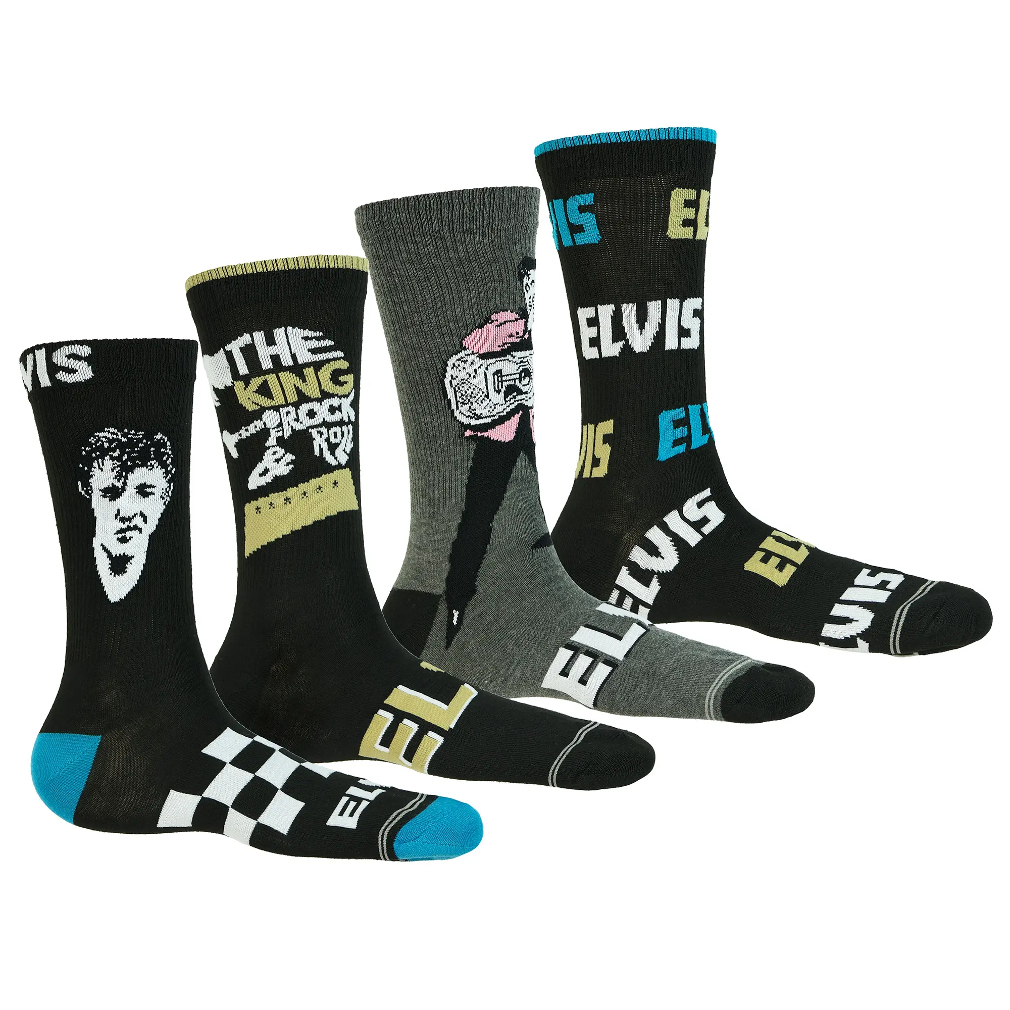 Elvis Presley Socks Men's King of Rock and Roll 4-Pack Mid-Calf Crew Socks, 4 Pair