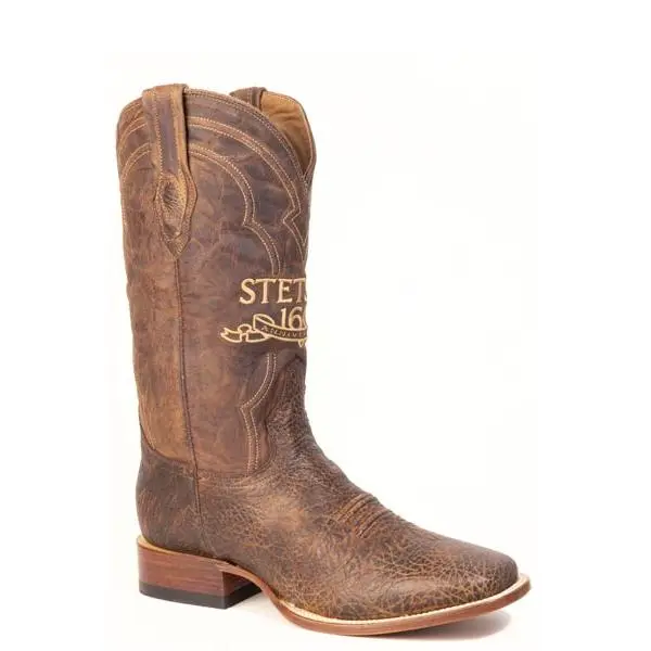 Men's Stetson Barkley Bison Boots Handcrafted Square Toe Brown