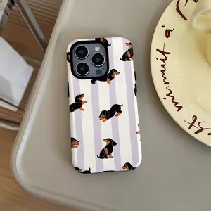 Purple striped dachshund pattern, durable and shock-absorbing glossy 2-in-1 phone case, suitable for iPhone 17, 16, 15, 14, 13, 12, 11, X, Samsung and other series models. Makes a great holiday gift for friends or family.