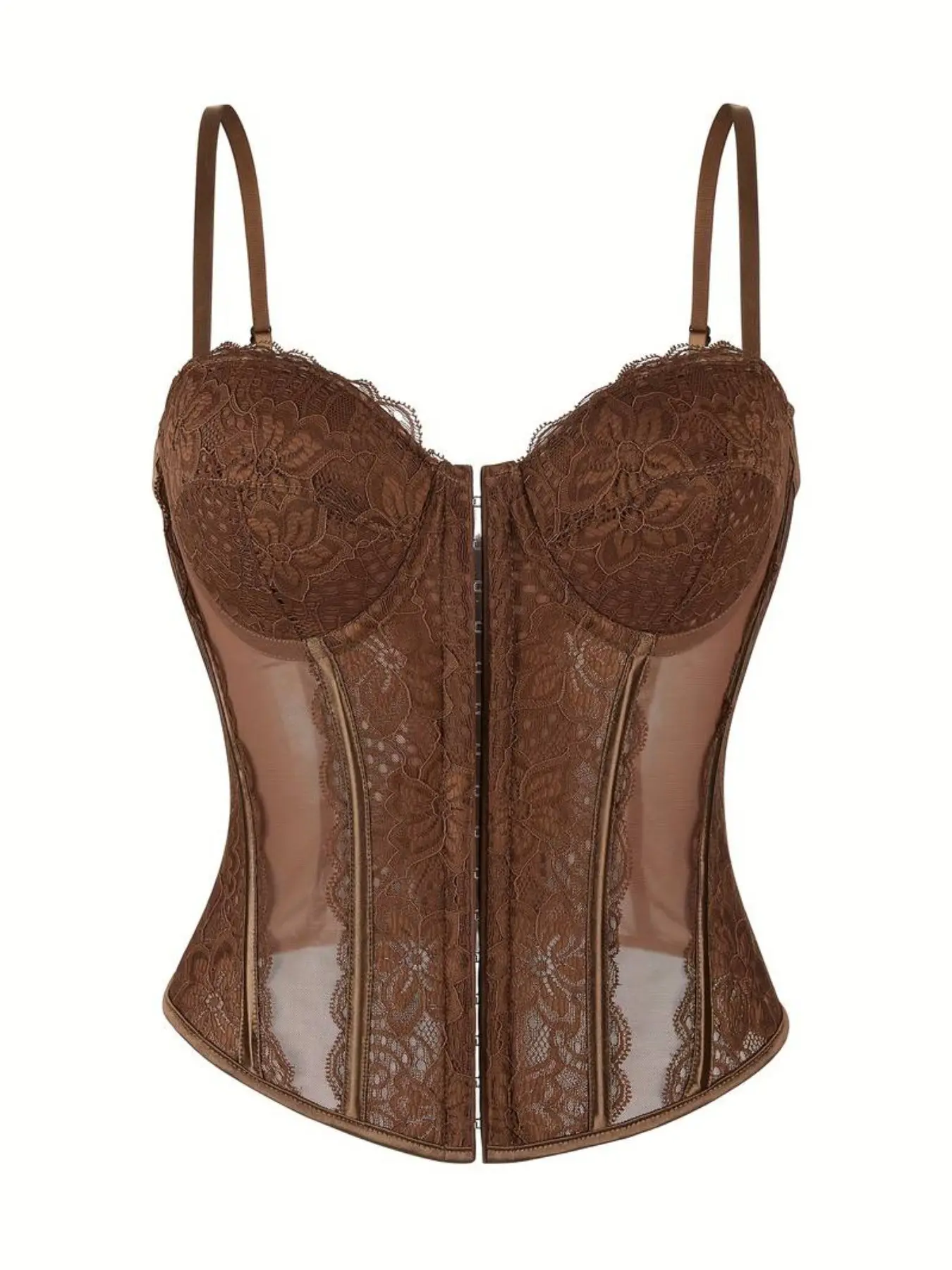 Women's Brown Lace Mesh Sheer Corset Top, Shapewear, Boned Bustier Cami, Front Hook & Lace-Up Back Slim Fit Shaping Top
