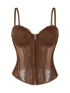 Women’s Brown Lace Mesh Corset Top, Boned Bustier Cami, Front Hook & Lace-Up Back Slim Fit Shaping Top