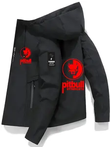 Men's and Women's Fashion Jacket with Pitbull Letter Print, Zipper Pockets, Casual Hooded Design, Spring & Fall Polyester Coat, Zippered Jacket