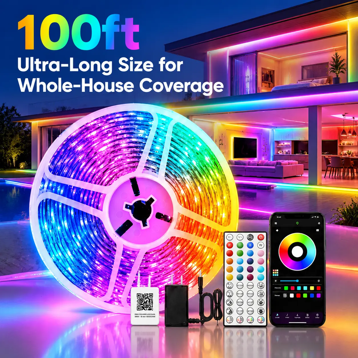 100FT RGB Music Sync LED Strip Lights with Remote & Google Assistant, Color-Changing Led Lights Bedroom for Home Decor, Gaming Room Living Room Decorations