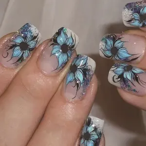 24pcs Blue Floral Glitter Nail Art, Medium Long Square Fake Nails, Perfect for Night Out and Parties, Elegant Manicure Set, Medium Length, Flower Nails