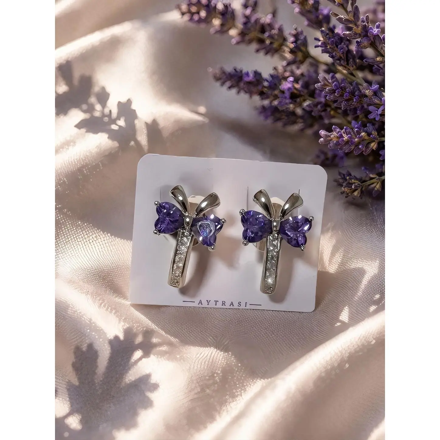 Ayttrasi Gold Dragonfly Earrings with Purple Stones and Crystal Accents