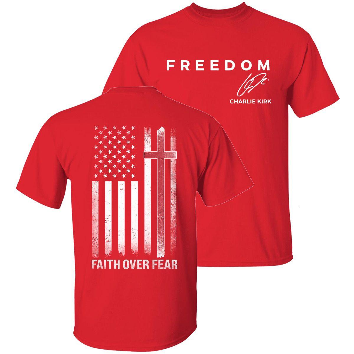 Faith Over Fear Distressed American Flag Pride T-shirt, In October We Wear Red To Remember Charlie Kirk, CJK Day Tee, Christian Graphic Jesus Shirt for Men And Women