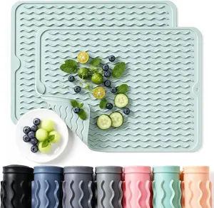 CAKETIME 2 Pack Silicone Dish Drying Mat for Kitchen Counter Waterproof Place mats Sink Protector Stove Top Organizer Appliance Storage Vanity Trays Dryer Rack Drainers Items 15"x11.5" Beige