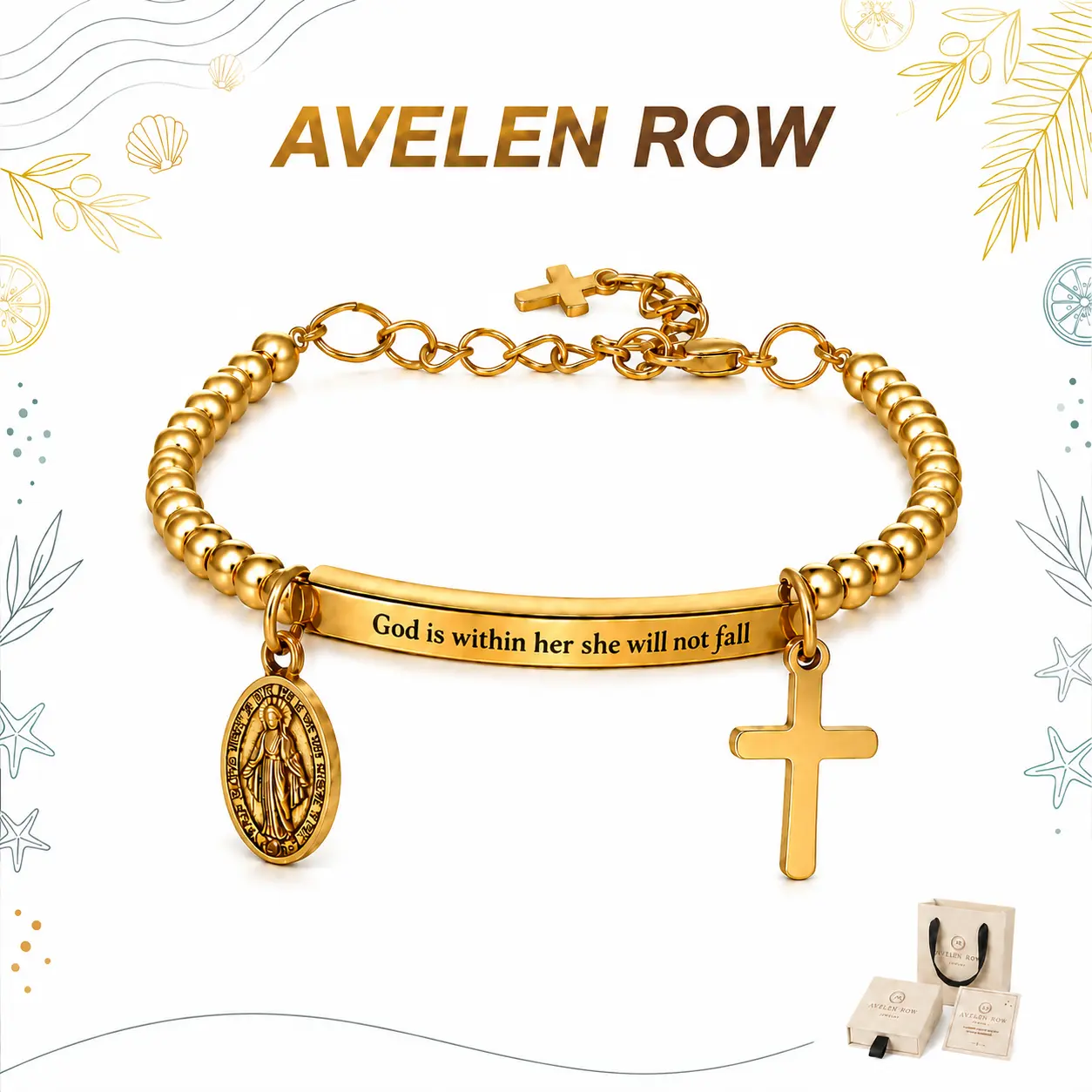 Gold Cross Bracelet for Women, Beaded Christian Faith Bracelet with Gift Box, Religious Jewelry Gift for Her