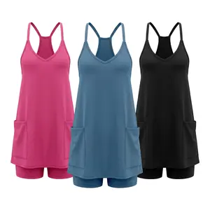 Women's Summer Sleeveless Mini Dress V Neck Spaghetti Straps Athletic Built-in Shorts Sundress SummerVibes