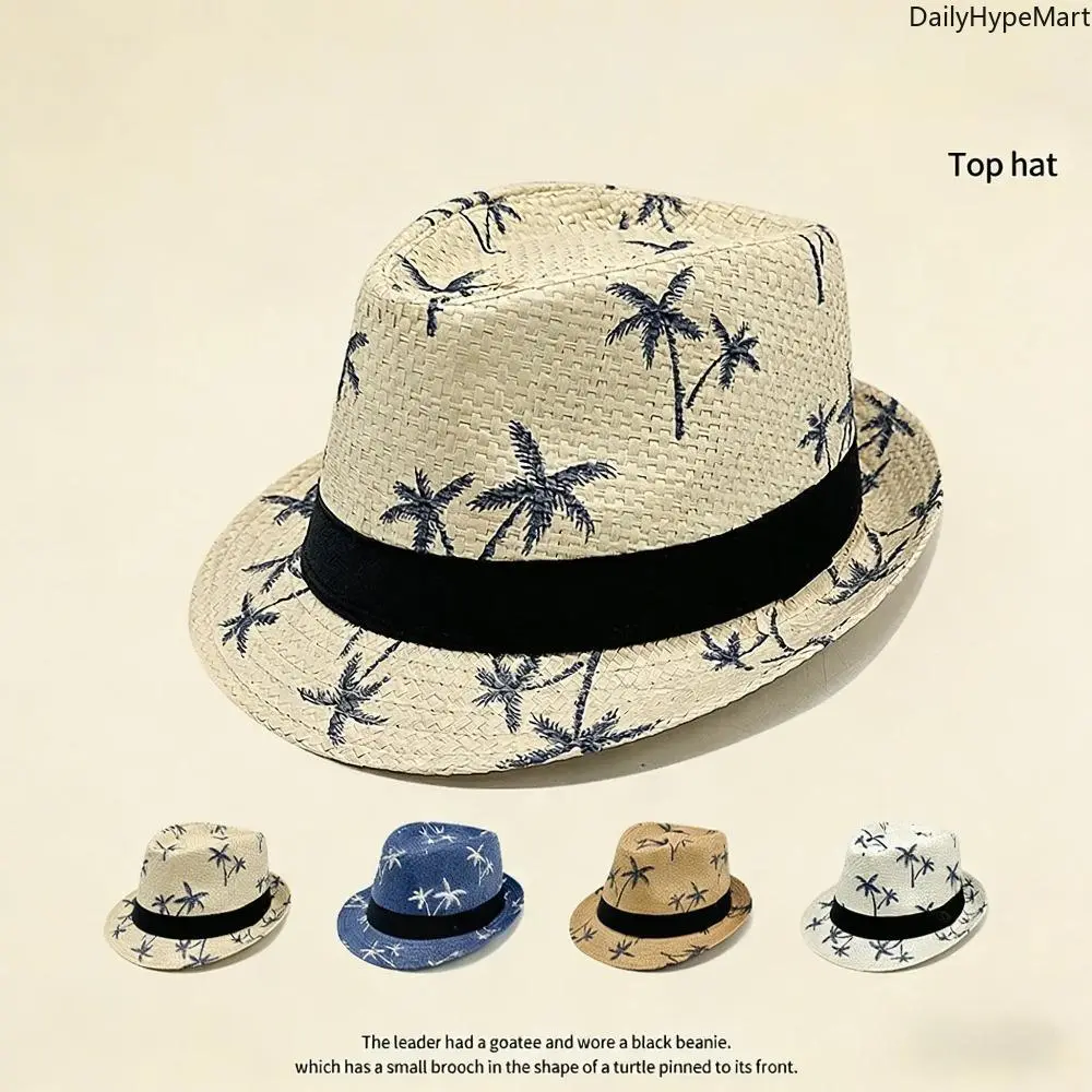 Men's Foldable Straw Sun Hat - Coconut Palm Wide Brim Casual Outdoor Beach Hat with Turtle Brooch, Daily Sun Protection Fashion Accessory, Casual Outdoor Hat