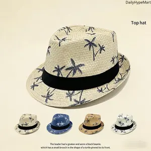 Men's Foldable Straw Sun Hat, Coconut Palm Wide Brim Beach Hat with Turtle Brooch, Casual Daily Stylish Sun Protection Accessory