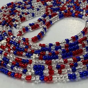 Waistbeads - 250 Years Red, Clear and Blue with Silver Stars.. For Everyone 50/60/70 inches