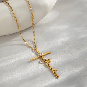 N1983 Personalized Stainless Steel Cross Pendant Custom Name Inlaid Birthstone Stainless Steel Necklace