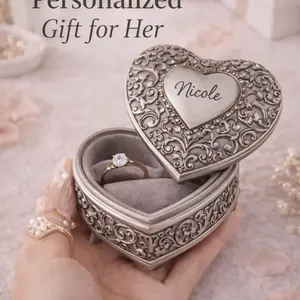 JCLOVES Personalized Heart Jewelry Box Custom Name Organizer Gift for Women Engraved Nicole Design