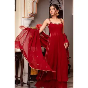 Red Hand Mirror Work Anarkali Suit Set with Palazzo & Dupatta