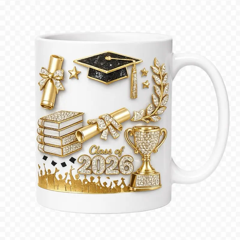 Class of 2026 Graduation Mug with Gold Accents and Academic Symbols for Celebrating Milestones Coffee Cup Ceramic Washable Reusable