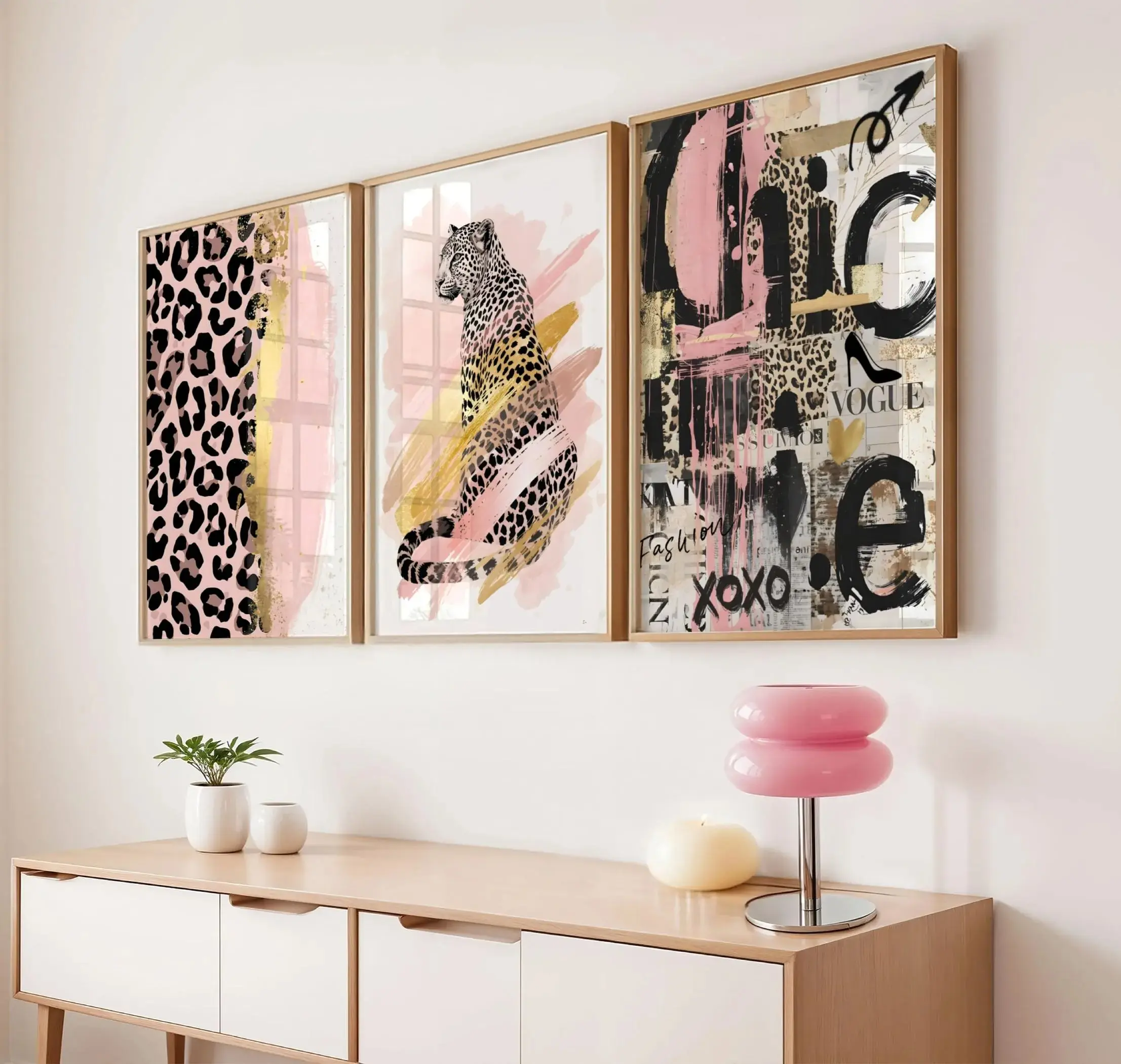 Leopard Gallery Poster Unframed  Set of 3 Pink and Black Fashion Collage Print Chic Modern Decor Luxury Jungle Print