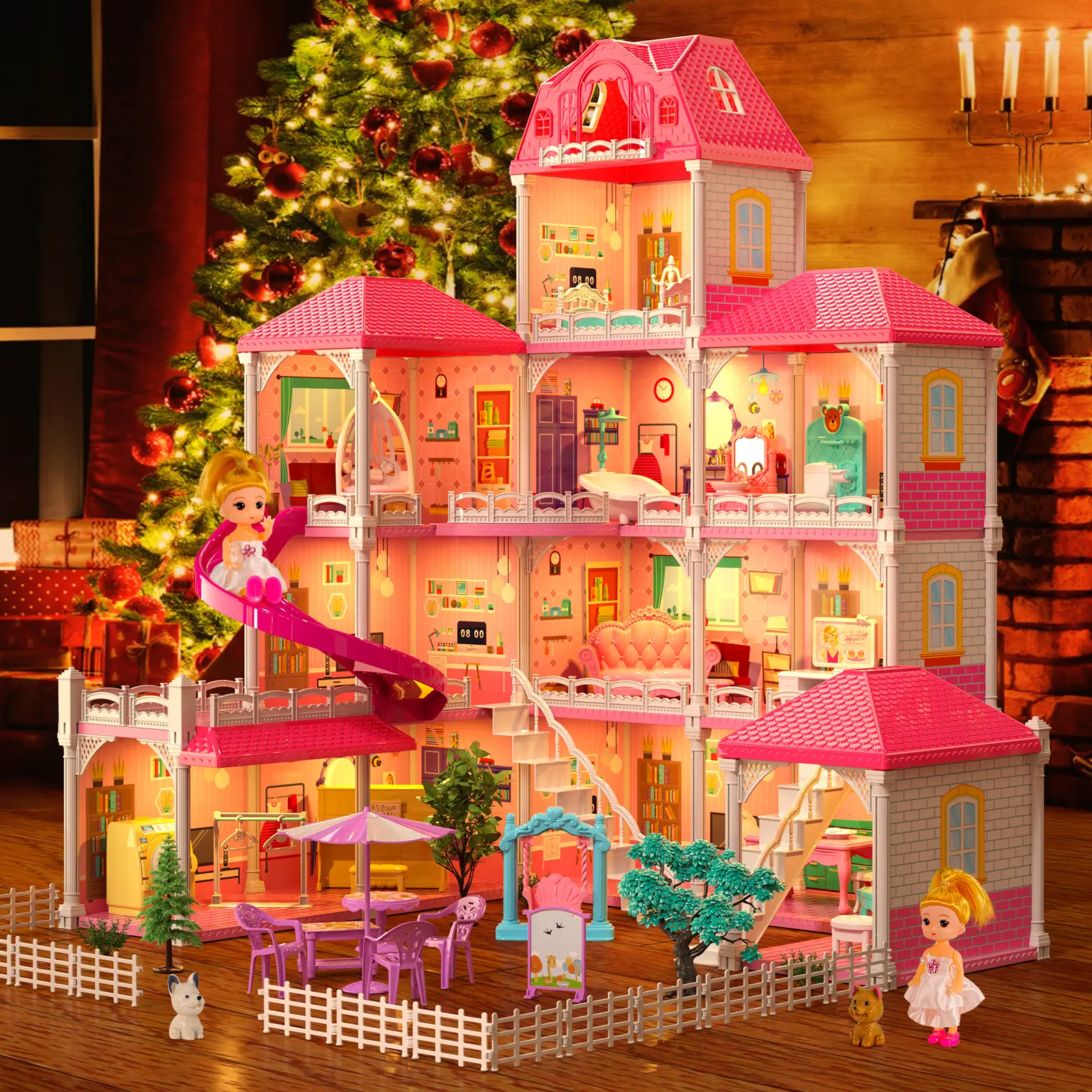 Pink Dream Mansion Doll Villa Building Block Set Specially for Girls Ages 3+,Fully Furnished Light-Up Dollhouse with Bright LED Lights&Fun Play Slide,Freely Splicable Educational DIY Toy,Princess Roleplay Playset&Flexible Sensory Fidget Anxiety Relief Toy
