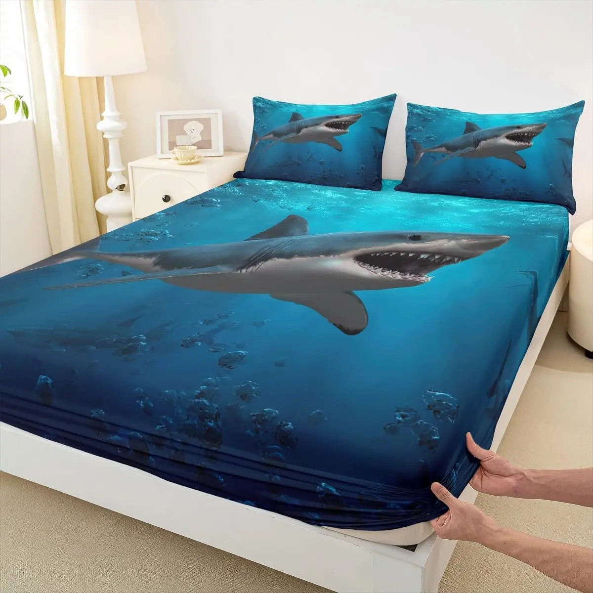3D Shark Fitted Sheet,Underwater World Bedding Set,Ocean Animals Bed Sheet Adult Bedroom Decor Sea Blue Gradient Deep Pocket Sheet