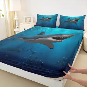 3D Shark Fitted Sheet,Underwater World Bedding Set,Ocean Animals Bed Sheet Adult Bedroom Decor Sea Blue Gradient Deep Pocket Sheet