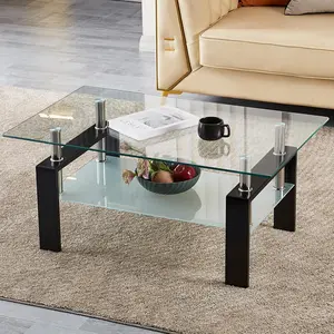 Glass Coffee Table, Rectangle Coffee Table for Living Room Modern Side Coffee Table with Lower Shelf,Perfect for Living Room Conversation Leisure Occasions, Metal Leg, 39.5 * 23.5 * 17.5 inches