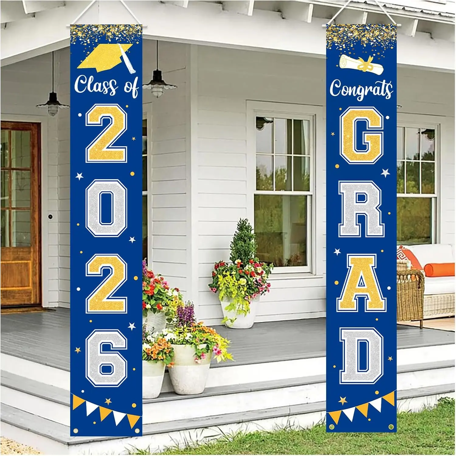Class of 2026 Graduation Banner - Blue Polyester 2-Pieces Cap-Included Porch Door Welcome Sign, Indoor-Outdoor Wall Decor, Graduation Party Decorations, Festive Home Gift
