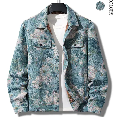 Men's Jacket Shirt Coat, Autumn Winter Fashion Embroidered Casual Top, Long Sleeve Fitted H-Type Button Front Collared Floral Pattern