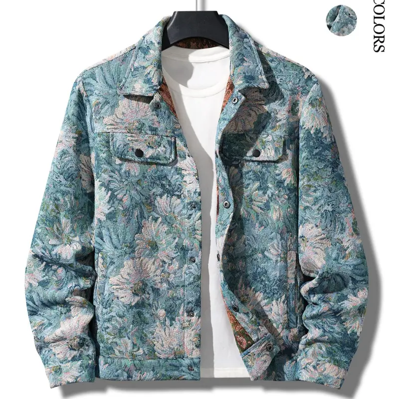 Men's Jacket Shirt Coat, Autumn Winter Fashion Embroidered Casual Top, Long Sleeve Fitted H-Type Button Front Collared Floral Pattern