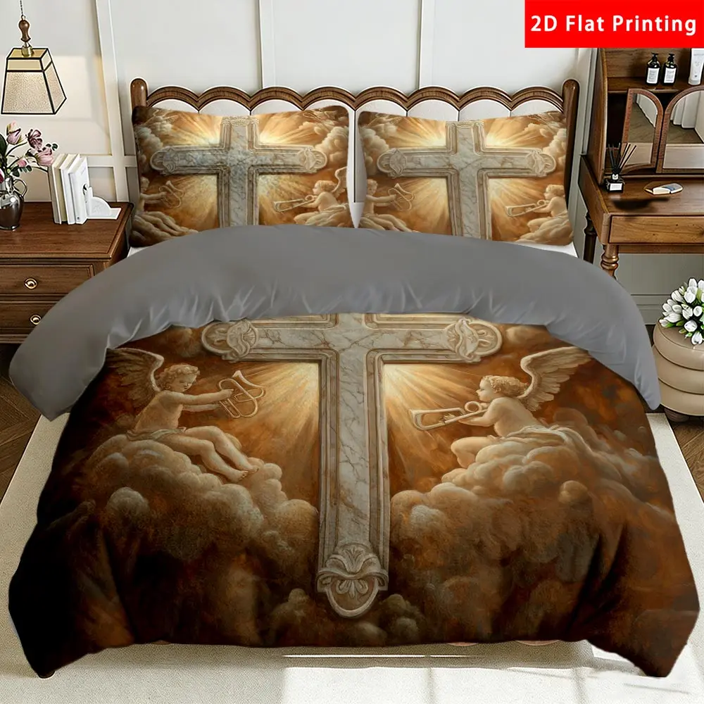 2/3 Pcs 2D Flat Religious Angelic Cross Milk Velvet Duvet Cover Set Angel Cross Bedding Set Quilt Cover 1 Duvet Cover + 1/2 Pillowcases Heavenly Angelic Top Sheet Decorative Bedding Bedroom Decor The Preferred Pick for Bedding