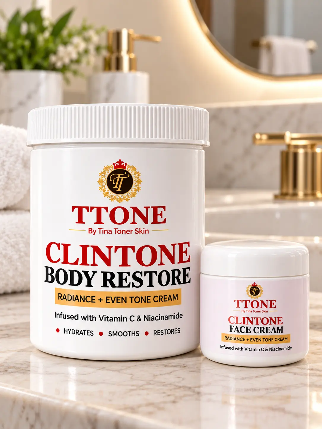 TINA TONER CLINTONE  Glow  Restore FACE and body restoration  Lotion   Clean Face, body  with Vitamin C, aloe  and  Collagen