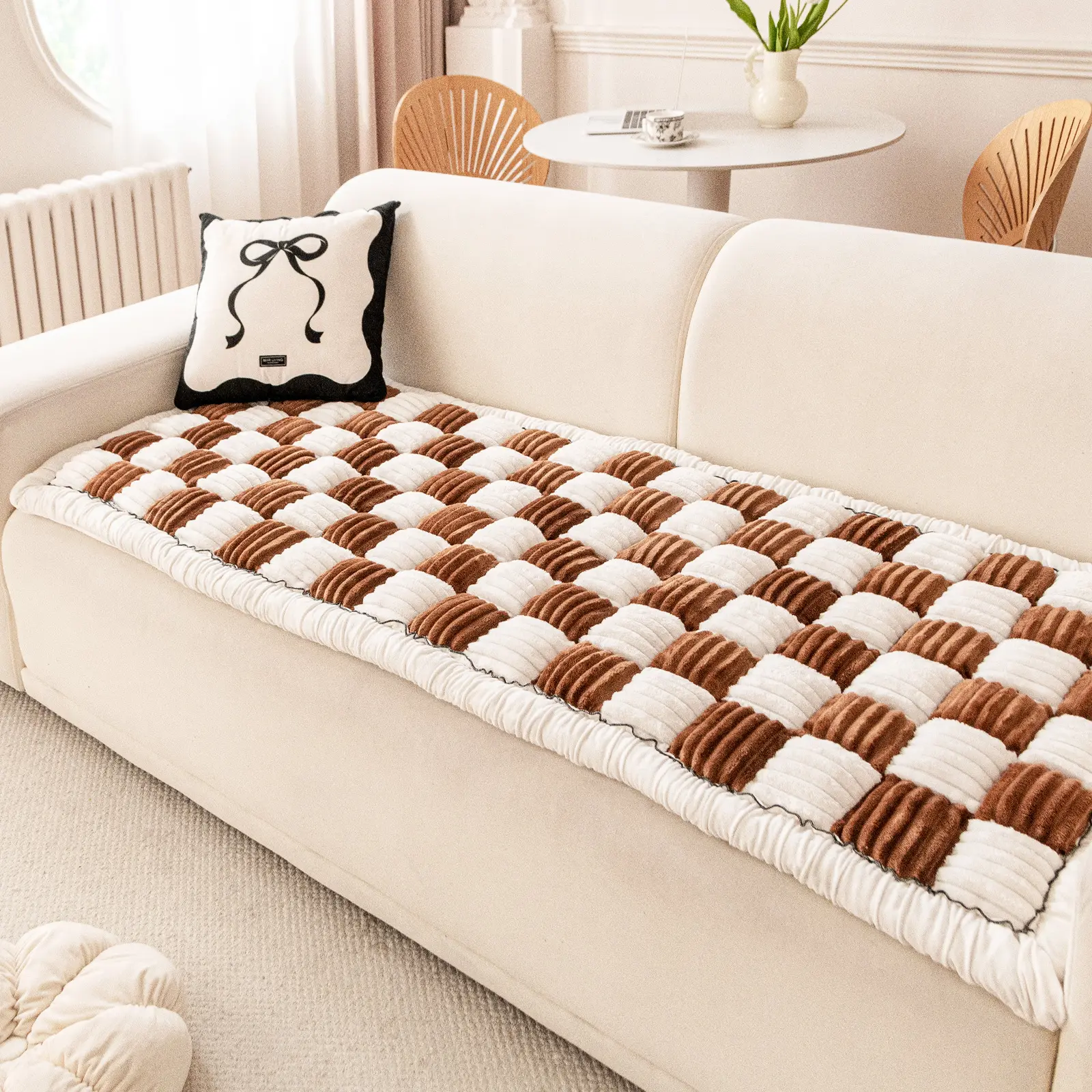 1pc Fun Plush Washable Sofa Cover, Large Cream Square Cushion - Soft Checkered Pet-Friendly Couch Cover with Thick Non-Slip Padding, Sofa Couch Covers