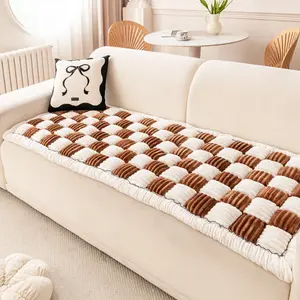 1pc Fun Plush Sofa Cover, Large Cream Square Cushion - Soft Checkered Pet-Friendly Couch Cover with Thick Non-Slip Padding, Sofa Couch Covers