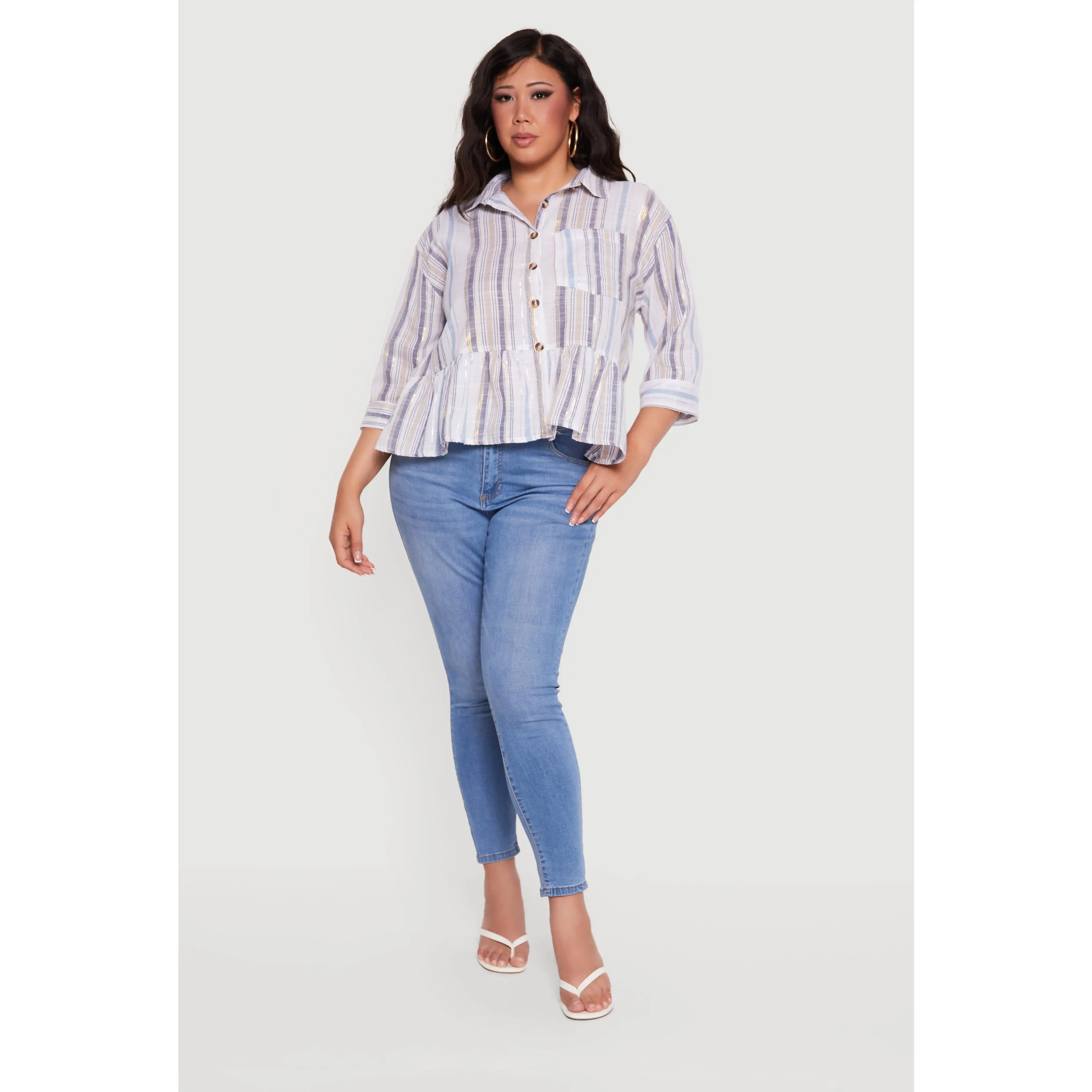 Plus Size Striped Button Front Peplum Shirt