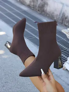 Women's High Heel Shoes, Pointed Toe, Elastic Knit Design, Perfect for Work & Casual Wear, Comfortable Textile Upper Material, Pointed Toes Boots
