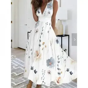 2026 Summer Maxi Long Dress for Women Mujer Dresses Elegant Robe Femme V-Neck Wist Sleeveless Casual Bohemia Sexy Swing Dress Womenswear Comfort Boho Style Floral Vneck