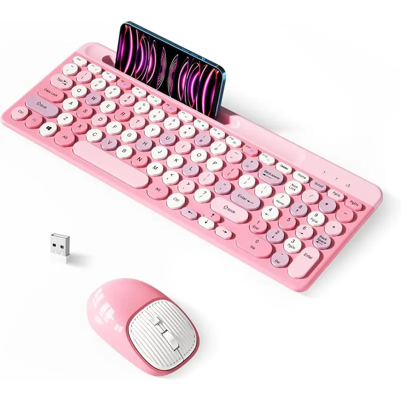 F-KBB01 Retro Wireless Keyboard with Round Keycaps, 2.4GHz Full-Size USB Cute Wireless Keyboard Mouse for Computer, Desktop, Laptop and Computer (Pink-Colorful)