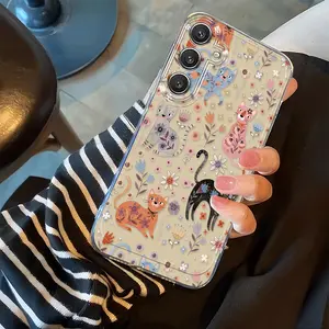 Phone case - Illustration design with cat and flower patterns, full-cover TPU phone case, compatible with Samsung Galaxy series, including S25, S24, S23, S22, S21 Ultra, Plus, FE, and models from A02 to A75