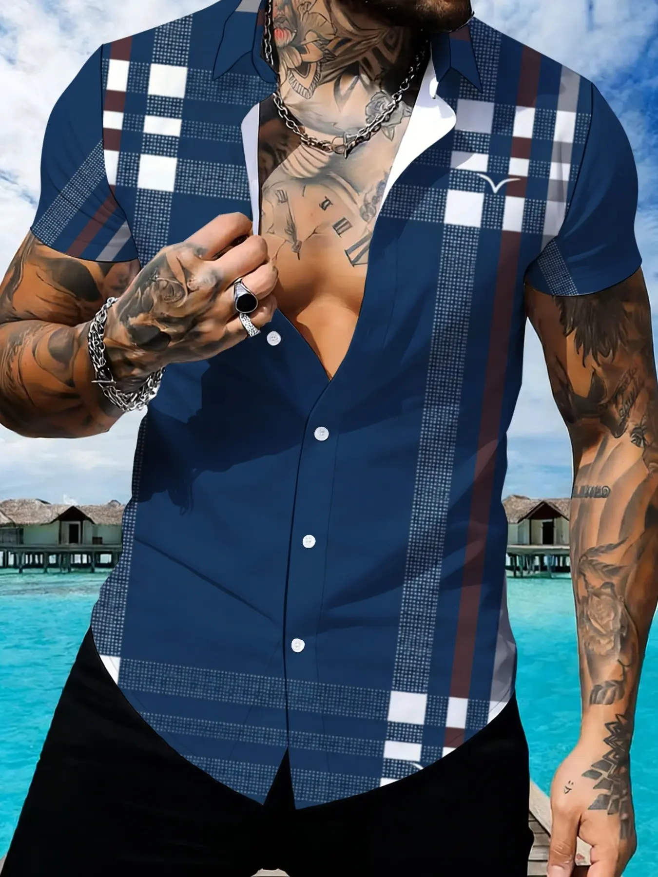 Men's Short Sleeve Plaid Shirt, Summer Casual Slim Lapel Top, Trendy Fashion Print Shirt