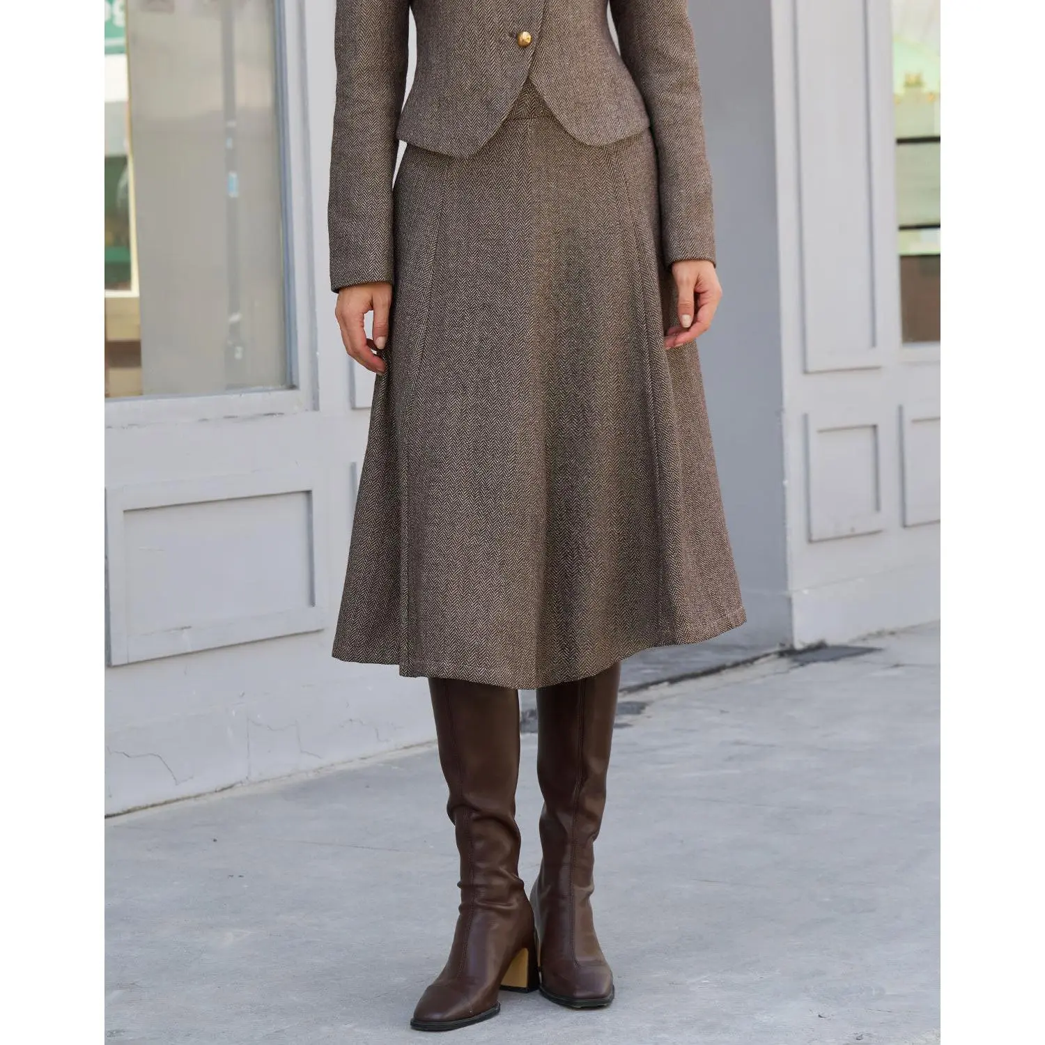 RIHOAS Women's Solid Brown A-Line Skirt, Minimalist Knee Length Polyester Fabric for Office Wear with Zip Closure, Basic, Lady, Business, Natural Waist