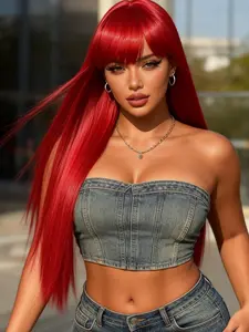 Red Color Long Silky Straight Wigs with Bangs Synthetic Hairpieces Glueless Wig for Fashion Women Heat Resistant Natural Looking Hair Wig for Party Cosplay