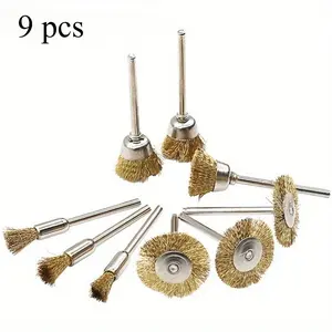 9pcs Steel Wire Brass Brush Brushes Rotary Tool Electric For Drill Polishing Grinding Wheel T-shaped Brush Accessories