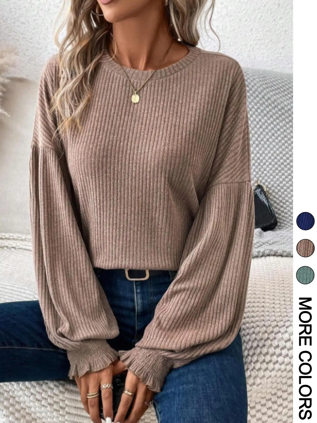 Women's Plain Ribbed Bishop Sleeve Sweater Pullover, Casual Shirred Long Sleeve Round Neck Crewneck Jumper for Spring & Fall, Fashion Women's Knitwear for Daily Wear, Everyday, Womenswear, Tops, Knitting