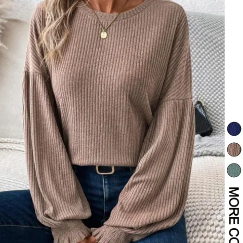 Women's Plain Ribbed Bishop Sleeve Loose Sweater Pullover, Casual Shirred Long Sleeve Round Neck Jumper for Spring & Fall, Fashion Women's Knitwear for Daily Wear