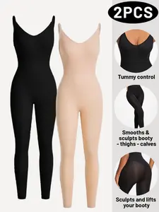 2 Pack Women's V-Neck Spaghetti Strap Full Body Basic Shapewear Bodysuit, Tummy Control Waist Slimming Butt Lift & Thigh Shaping, High Stretch Seamless Adjustable Straps for Daily Layering